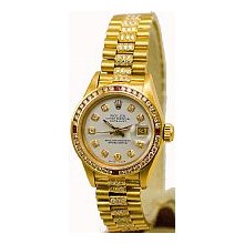 Rolex Ladies President Preowned Gold 1ct Channel Set & Ruby/White Dial