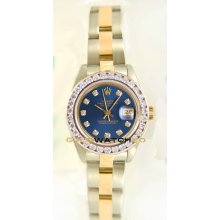 Rolex Ladys Stainless Steel & 18K Gold Datejust Model 69173 Oyster Band Custom Added Blue Diamond Dial & 2Ct Diamond Bezel