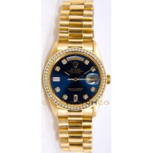 Rolex Mens 18K Yellow Gold President Day Date Model 18238 Custom Added Blue Diamond Dial & Diamond Bezel