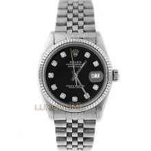 Rolex Mens Watch Ss Datejust 16014 Black Diamond Dial 18k Gold Fluted Bezel Mint