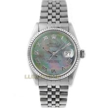 Rolex Mens Watch Ss Datejust 16014 Tahitian Mop Roman Dial 18k Gold Fluted Bezel