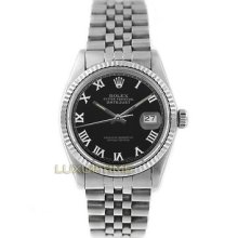 Rolex Mens Watch Ss Datejust 16014 Black Roman Dial 18k Gold Fluted Bezel Mint