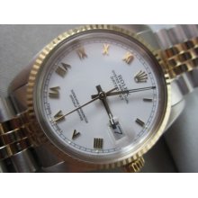 Rolex Oyster Perpetual 2tone Mens Datejust Watch White Face 18kt Gold W/ Box 77