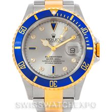 Rolex Submariner Steel Gold Diamond Sapphire Serti Dial Watch 16613