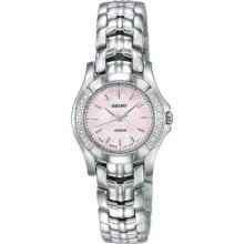 Seiko $425 Womens Silver-tone Ss Dress Watch, Mop Dial, Diamonds Sxgn49