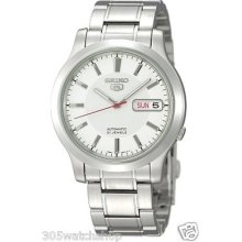 Seiko 5 Men's Silver Stainless Steel White Dial Automatic Watch Snk789