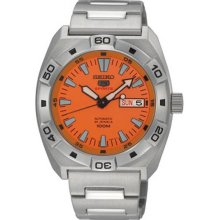 Seiko 5 Sports Stainless Steel Case and Bracelet Orange Dial Day and Date Displa