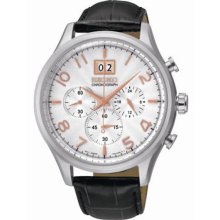 Seiko Men's Chronograph Stainless Steel Case Leather Bracelet Silver Tone Dial Date Display SPC087