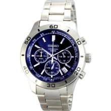 Seiko Mens Classic Chronograph Stainless Watch - Silver Bracelet - Blue Dial - SSB059P1