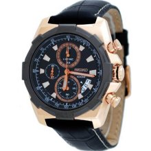 Seiko Men's Lord Rose Gold Tone Stainless Steel Case Chronograph Black Dial Leather Strap SNDD56