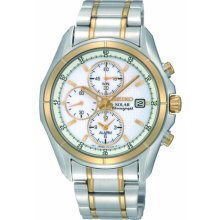 Seiko Men's Two Tone Stainless Steel Solar Quartz Alarm Chronograph White Dial SSC002