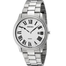 Seiko Mens White Dial Stainless Steel Date Watch Skp345 Water Resistant Date