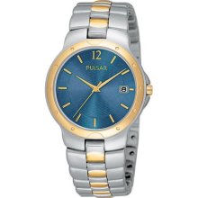 Seiko Pulsar $135 Mens Two-tone Silver, Gold Accents - Blue Dial - Watch Pxd780