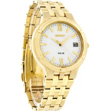 Seiko Solar Quartz Mens White Dial Gold Tone Dress Watch SNE030