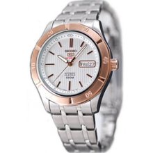 Seiko Srp292 Men's Watch Silver Dial Day And Date Displays Rose Gold Bezel
