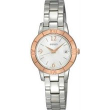 Seiko SXDE36 Womens Stainless Steel Quartz Rose Gold Tone Bezel Silver Dial Link Bracelet