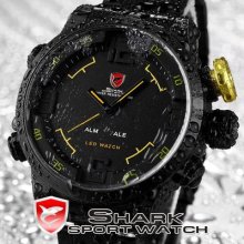 Shark Big Case Led Digital Black Dail Yellow Men Sport Wrist Watch