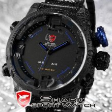 Shark Big Case Led Digital Date Day Alarm Blue Men Quartz Sport Watch