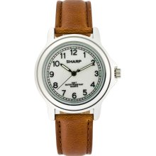Sharp Mens Dress Watch w/Round Silvertone Case, White Dial and Brown