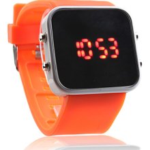 Silicone Band Women Men Jelly Unisex Sport Style Square Mirror LED Wrist Watch - Orange