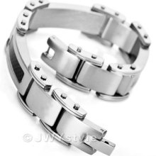 Silver Black Carbon Fiber Stainless Steel Men Bracelet Bangle Wrist Chain Us39c9