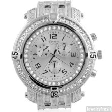 Silver Tone Heavy Military Size Iced Out Mens Watch Hip Hop Style