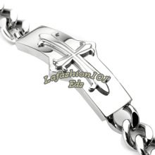 Simple Mens 316l Stainless Steel Chain Bracelet W/ Medieval Cross Rectangle Link