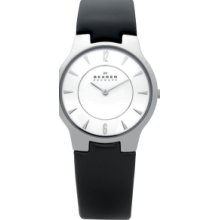 Skagen Corporate Collection Black Leather Strap Watch W/ Large White Dial