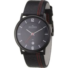 Skagen Denmark Mens Date Window Black Ip Stainless Steel Case Leather Watch