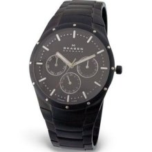 Skagen Denmark Mens Multifunction Day & Date Gmt Black Ip Titanium Bracelet Watc