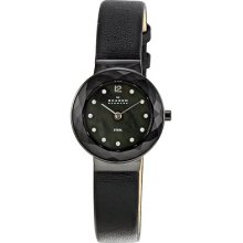 Skagen Ladies Black Mother Of Pearl Dial Leather Band Round Case Watch 456sblb