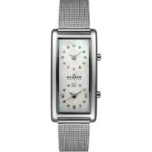 Skagen Long Rectangular White Mop Dual Time Zone Stainless Steel Women's Watch