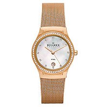 Skagen Skw2041 Women's Watch Rose Gold Tone Mesh Bracelet Mother Of Pearl Dial