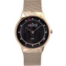 Skagen Watches Women's Black MOP Dial Rose Tone Stainless Steel Rose