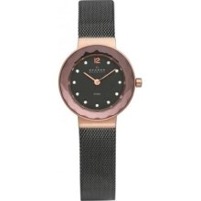 Skagen Womens Black Mesh Watch Fancy Rose Gold Bezel 456srm