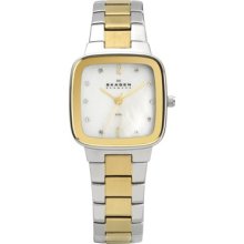 Skagen Womens Crystal Analog Stainless Watch - Two-tone Bracelet - Pearl Dial - 658SSGX