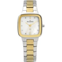 Skagen Womens Crystal Analog Stainless Watch - Two-tone Bracelet - Pearl Dial - 658SSGX
