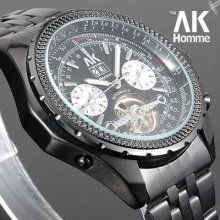 Skeleton Open Heart Design Ak Homme Automatic Mechanical Mens Wrist Watch Steel