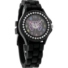 So Fashion Juniors Crystal MultiColor Skull Black Rubber Band Quartz Watch SR422