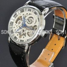 Soki Silver Skeleton Mens Mechanical Analog Black Wrist Strap Watch S02