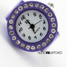 Special Gift Round Dial Crystal Decor Elastic Purple Finger Ring Watch Quartz