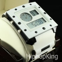 Sporty Gentle Men Digital Watch Analog Face White Silicone Band Water Proof