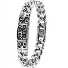 Stainless Steel Biker Link Bracelet With Tribal Design In Center-8.5