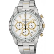 Stainless Steel Quartz Chronograph White Dial Tachymeter Bezel Gold Accents