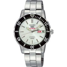 Stainless Steel Seiko 5 Sports Automatic Silver Dial Day Date Display Black Beze