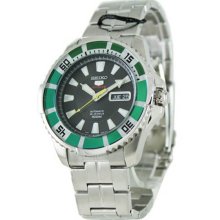 Stainless Steel Seiko 5 Sports Automatic Black Dial Day Date Green Bezel