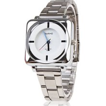 Steel Women's Stainless Band Elegant Square Wrist Watch - White
