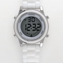 Studio Time Silver Tone White Silicone Digital Chronograph Watch