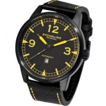 Stuhrling Original 129XL.335565 Mens Automatic Tuskegee Warhawk Black PVD Caseandamp;#44; Crownandamp;#44; Case-Back and Rotor; Black Dial with Lemon Yellow Logo and Text