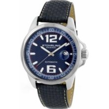 Stuhrling Original 175.3315C6 Mens Concorso Automatic Stainless Steel Case on Blue Dial on Blue Leather-Carbon Fiber Strap